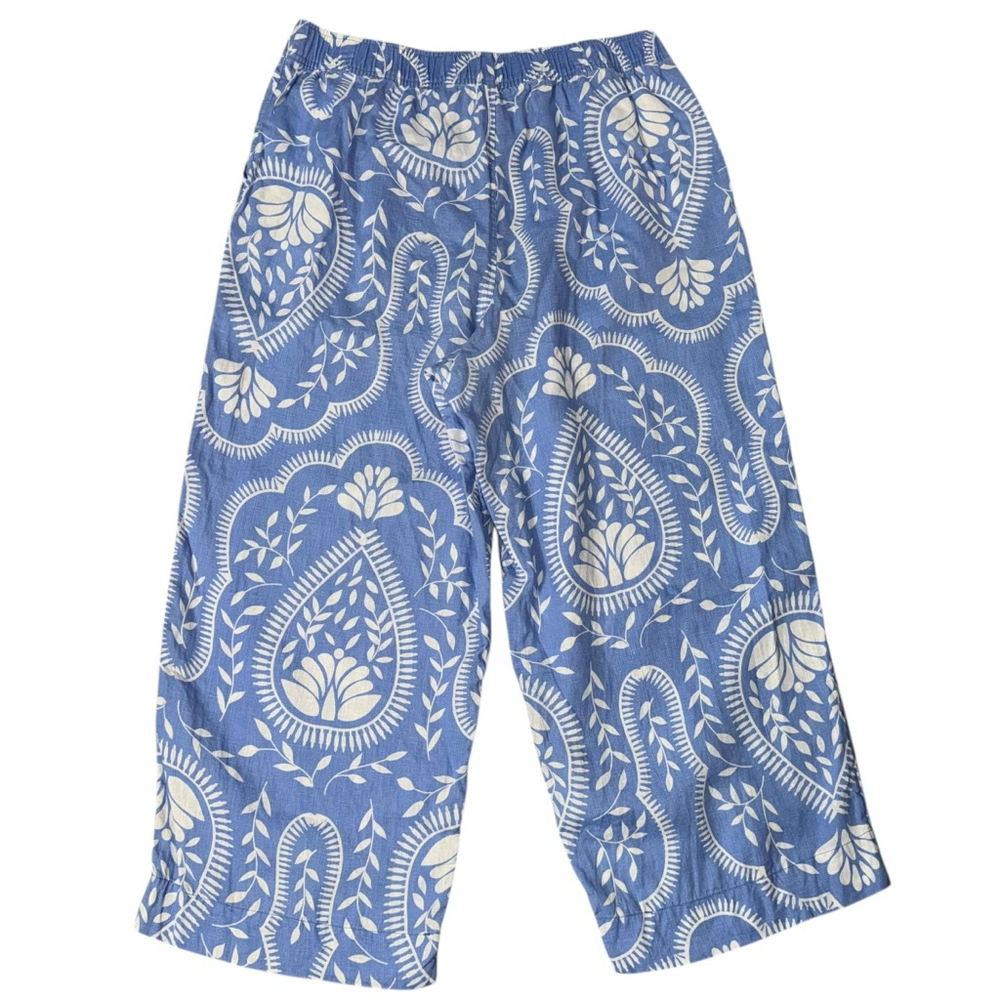 Women's Joie Blue & White Paisley Linen Wide Leg Pull-on Capri Pants XL - Picture 2 of 9